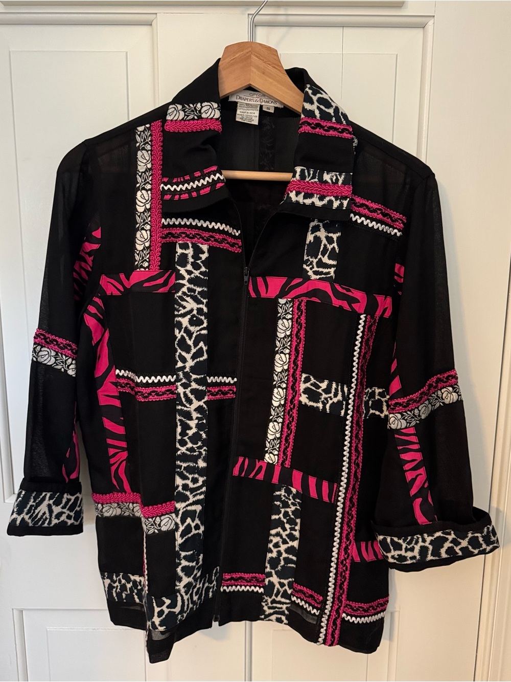 Womens Black & Fuchsia Patchwork Zip-up Sheer Jacket Sz S Animal Print Fall